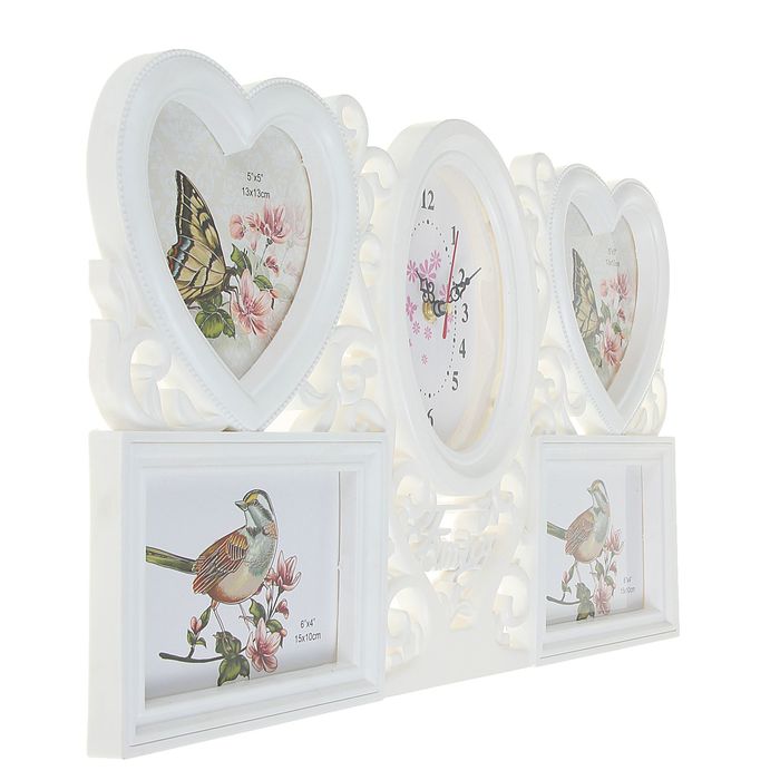 Часы настенные Family, ажур, белые + 4 фоторамки: 13 × 13 см (2 шт.) и 10 × 15 см (2 шт.)