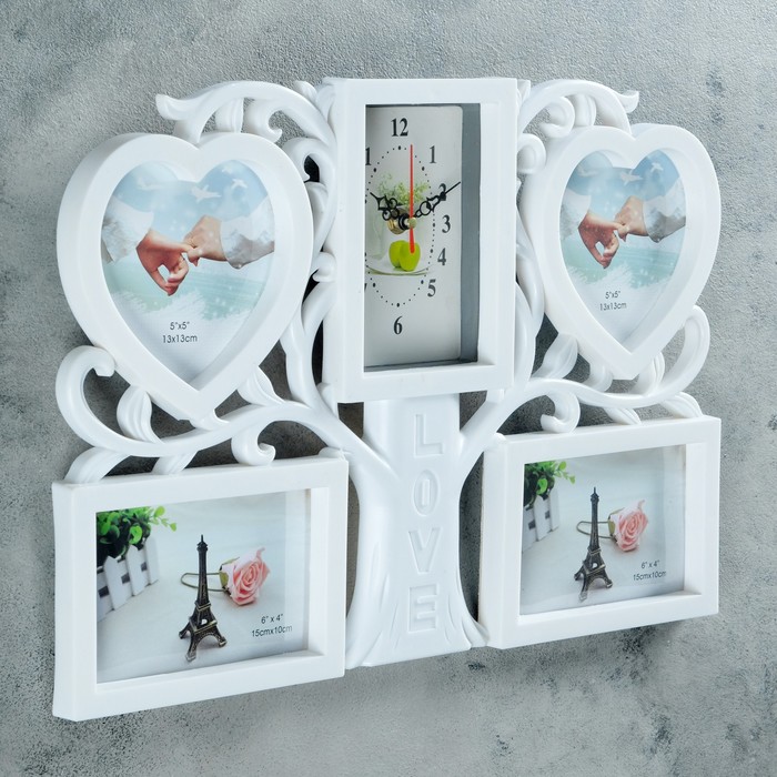 Часы настенные хайтек+4 фоторамки Дерево, сердца белые, цифер микс (фото 10х10-2шт 10х15-2шт)31х44см