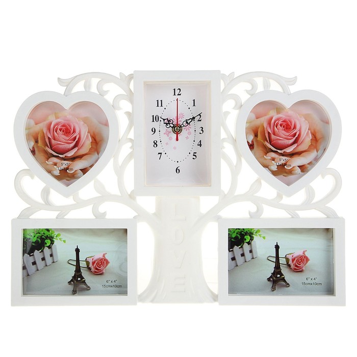 Часы настенные хайтек+4 фоторамки Дерево, сердца белые, цифер микс (фото 10х10-2шт 10х15-2шт)31х44см