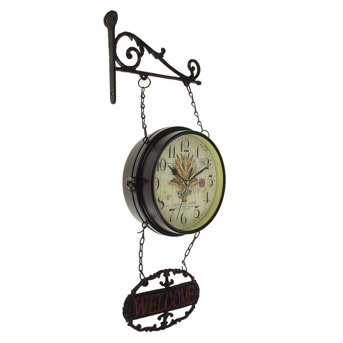 Часы настенные двусторонние "Рожь" с табличкой Welcome, на подвесе, d=17 см, чёрные