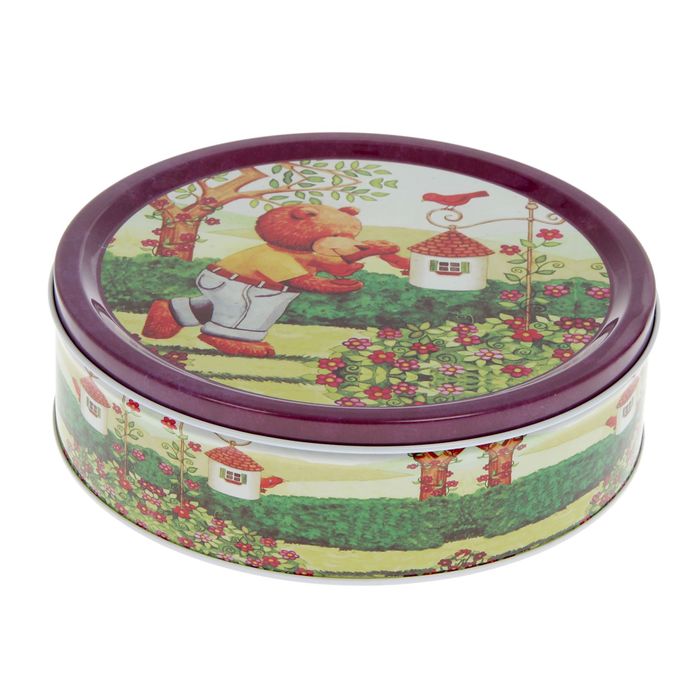 Шкатулка металл круг "Медвежонок в саду" 5,5х19х19 см