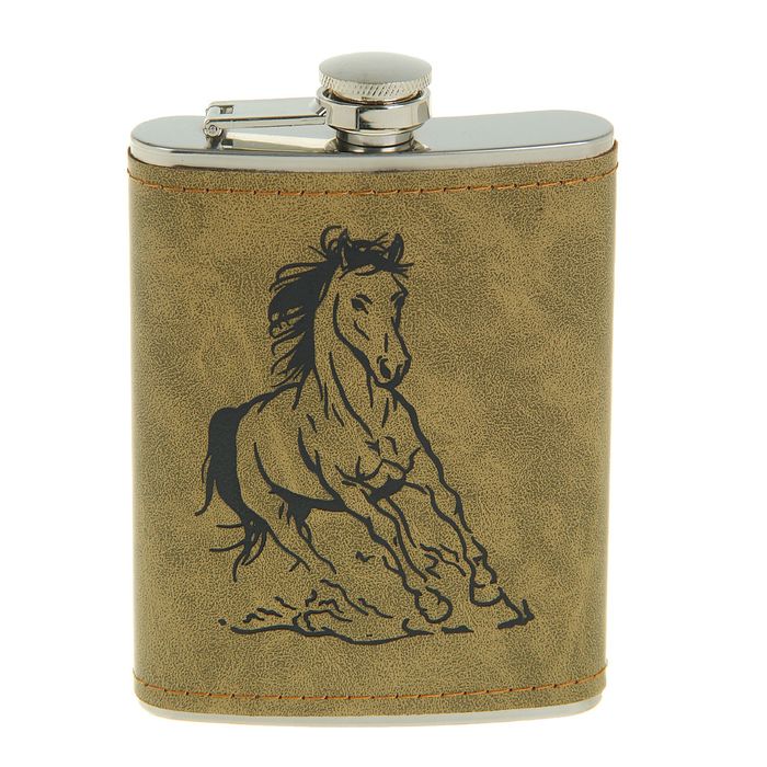 Фляжка 240 мл, тиснение Конь, кожзам, болотная, 9.5х14 см