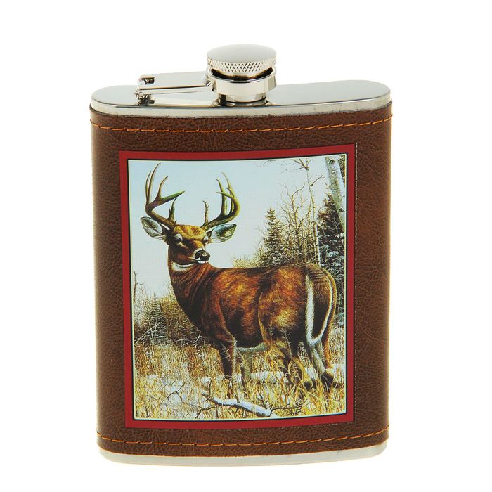 Фляжка 240 мл, рисунок Олень, кожзам, коричневая, 9.5х14 см