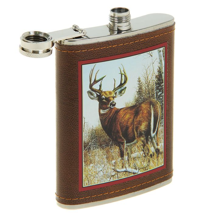 Фляжка 240 мл, рисунок Олень, кожзам, коричневая, 9.5х14 см