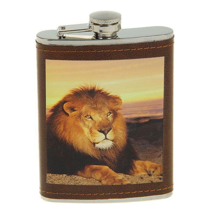 Фляжка 240 мл, рисунок Лев, кожзам, коричневая, 9.5х14 см