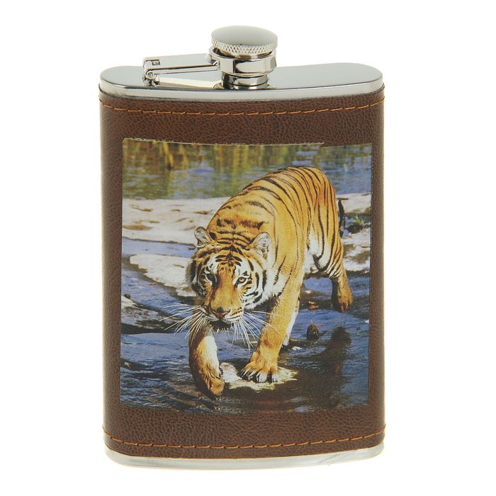 Фляжка 270 мл, рисунок Тигр, кожзам, коричневая 9.5х15 см