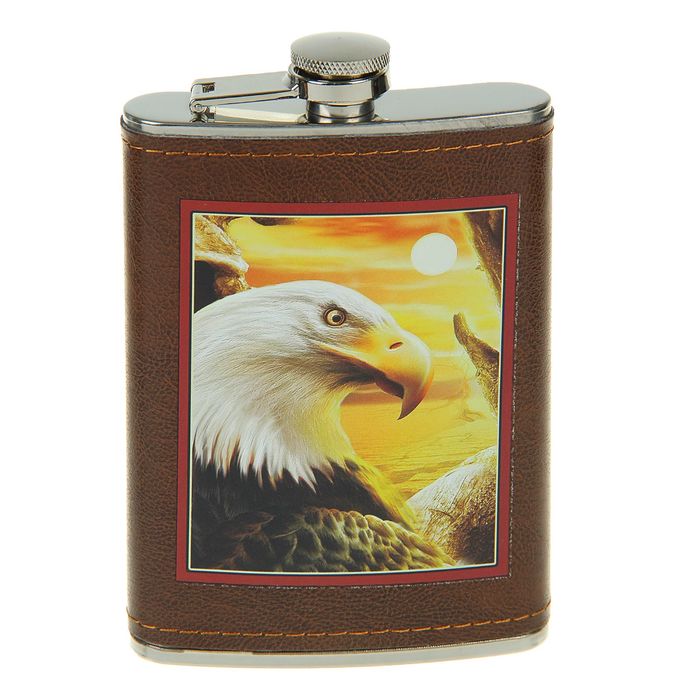 Фляжка 270 мл, рисунок Орёл, кожзам, коричневая 9.5х15 см