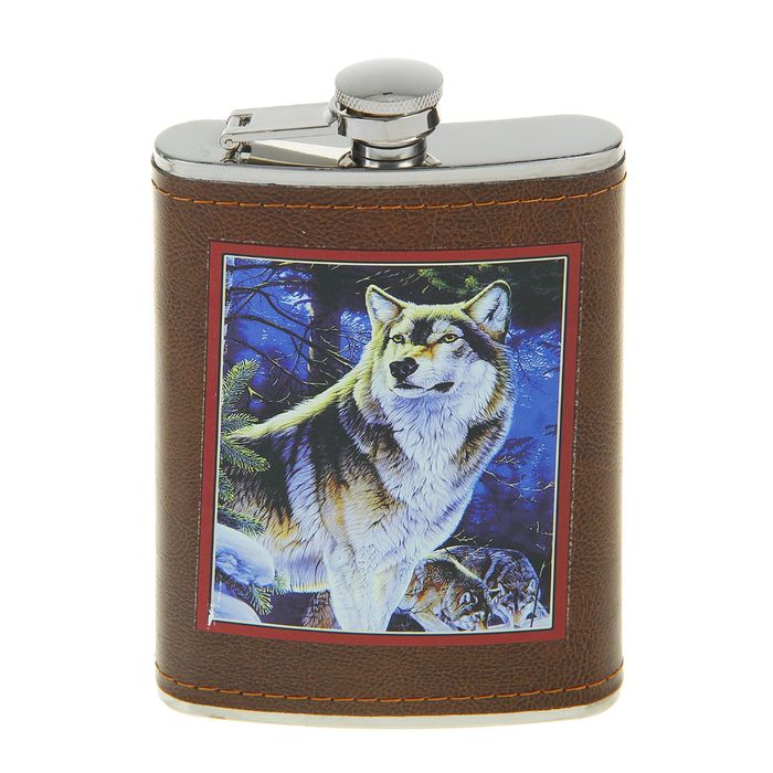 Фляжка 270 мл, рисунок Волк, кожзам, коричневая 9.5х15 см