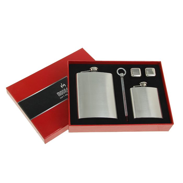 Набор 5 в 1: фляжка 90 мл + фляжка 240 мл + 2 кубика (сталь) + термометр