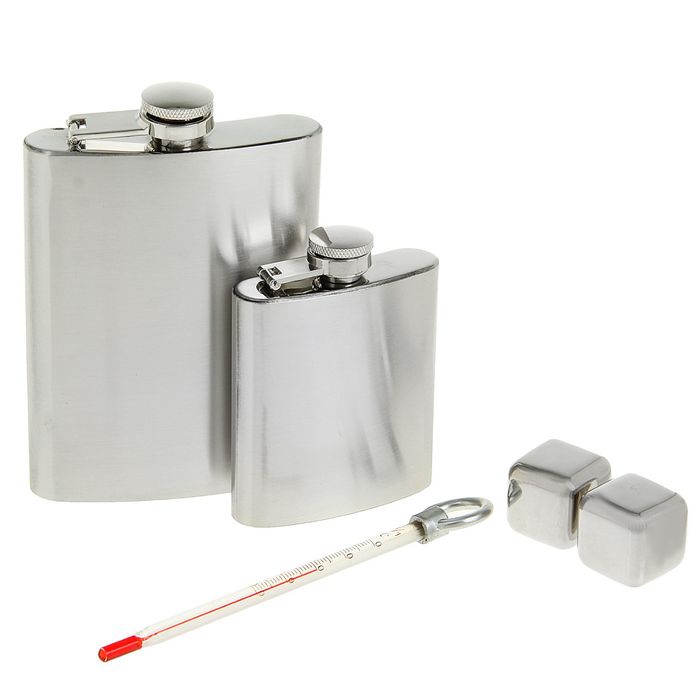 Набор 5 в 1: фляжка 90 мл + фляжка 240 мл + 2 кубика (сталь) + термометр