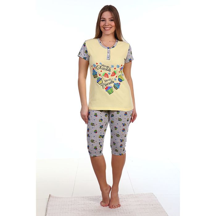 Пижама женская (футболка, бриджи) ПК138 МИКС, размер 50