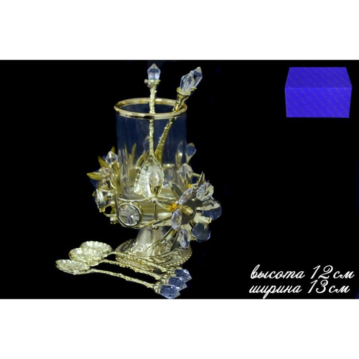 Набор из 6 ложек в подставке, 13 см, в подарочной упаковке, позолоченный металл