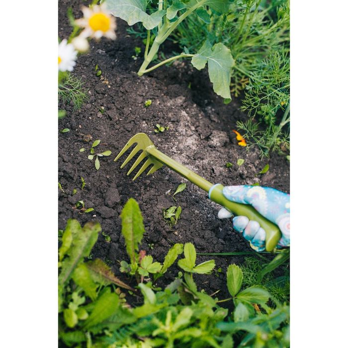 Грабли, длина 28 см, прорезиненная ручка, зелёные