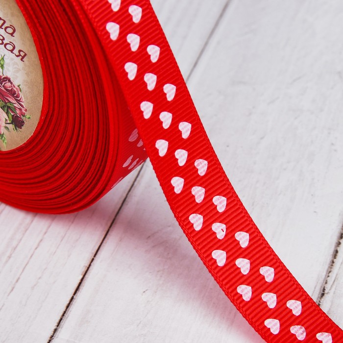 Лента репсовая "Сердечки", 15мм, 22±1м, цвет красный
