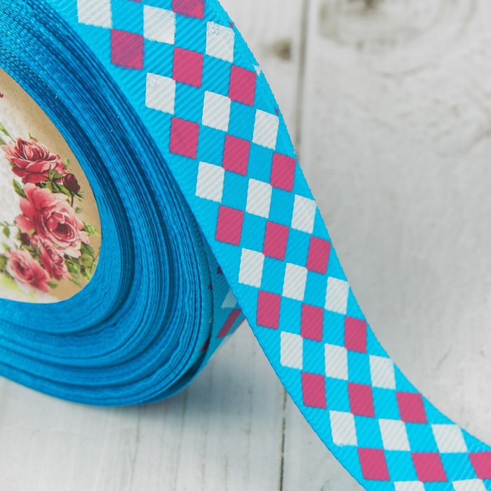 Лента репсовая "Ромбы", 25мм, 22±1м, цвет синий