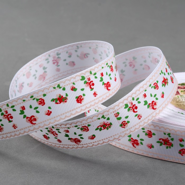 Лента репсовая "Цветочки", 25мм, 22±1м, цвет белый