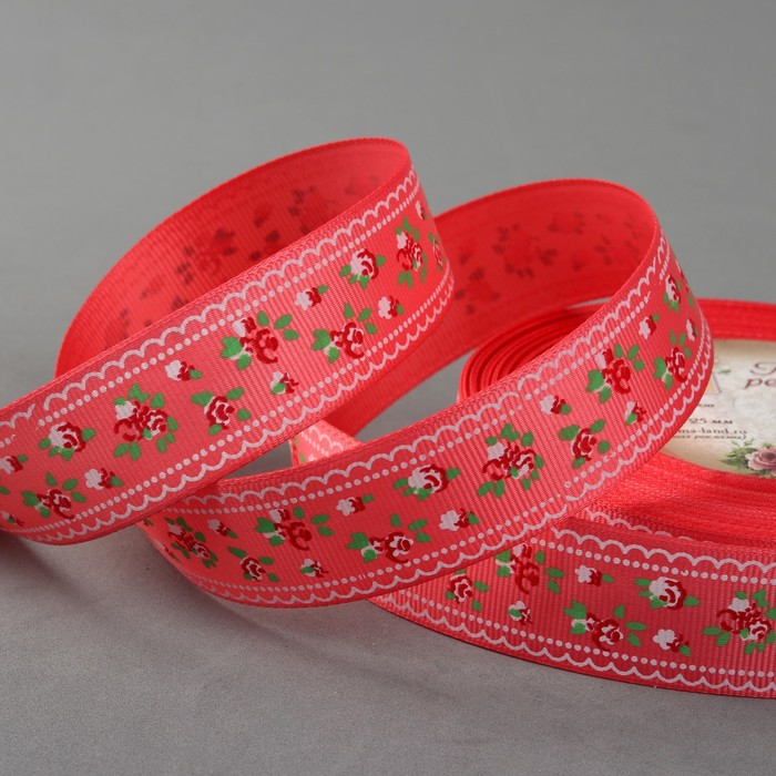 Лента репсовая "Цветочки", 25мм, 22±1м, цвет коралловый