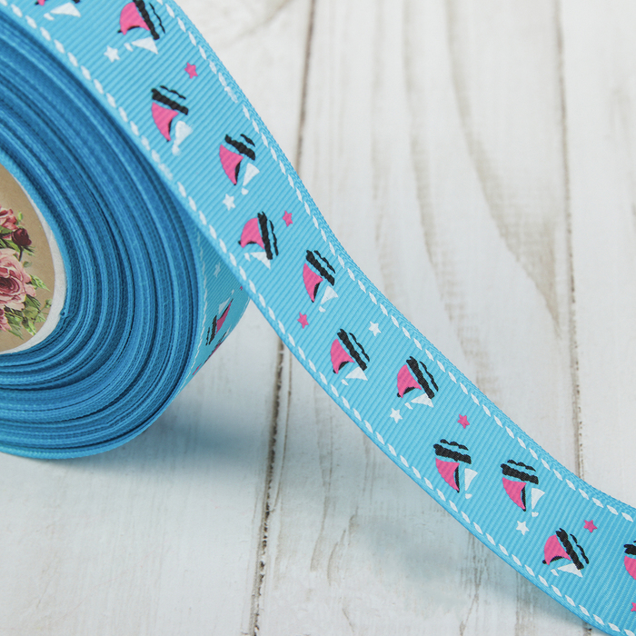 Лента репсовая "Кораблики", 25мм, 22±1м, цвет голубой