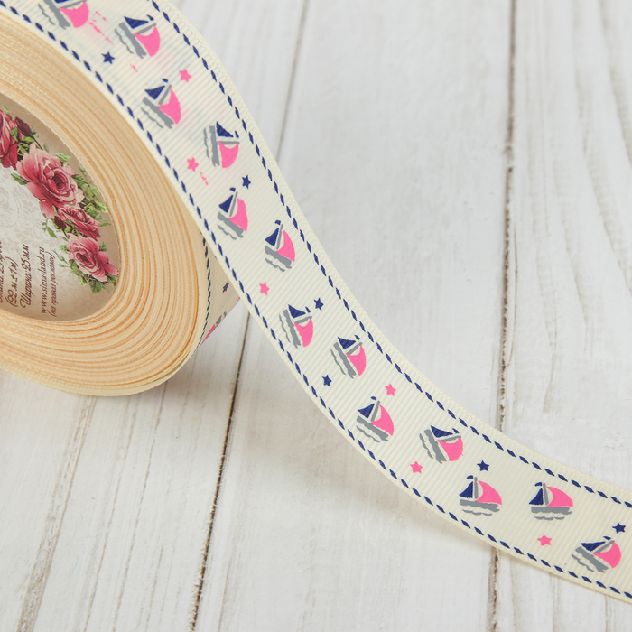 Лента репсовая "Кораблики", 25мм, 22±1м, цвет молочный