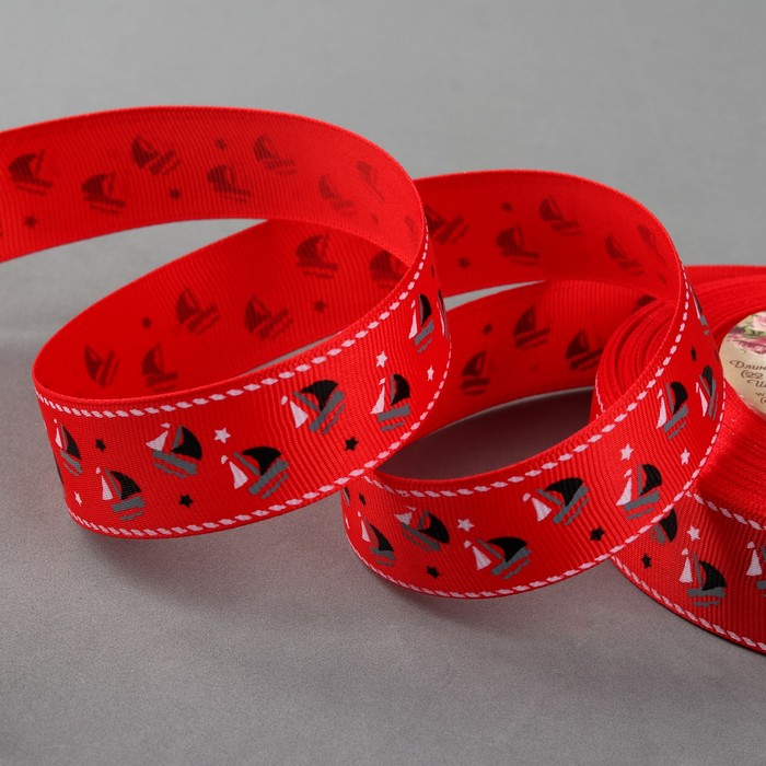 Лента репсовая "Кораблики", 25мм, 22±1м, цвет красный