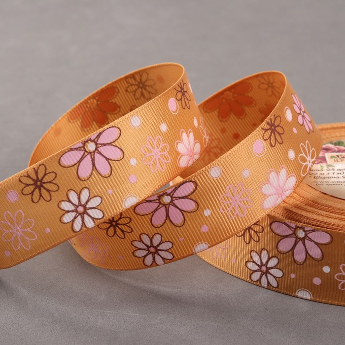 Лента репсовая "Ромашки", 25мм, 22±1м, цвет бежевый