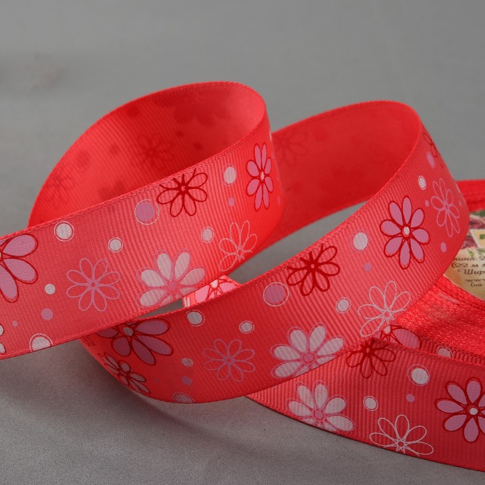 Лента репсовая "Ромашки", 25мм, 22±1м, цвет коралловый