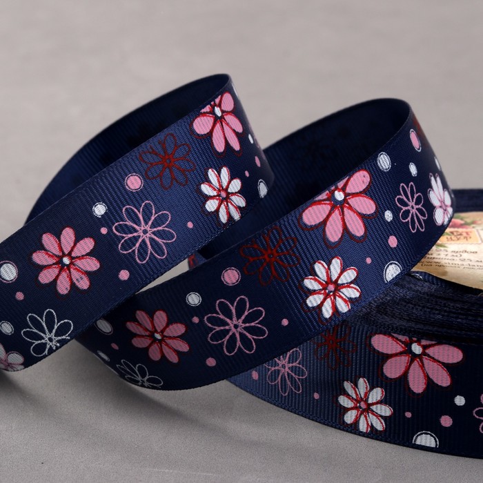 Лента репсовая "Ромашки", 25мм, 22±1м, цвет синий