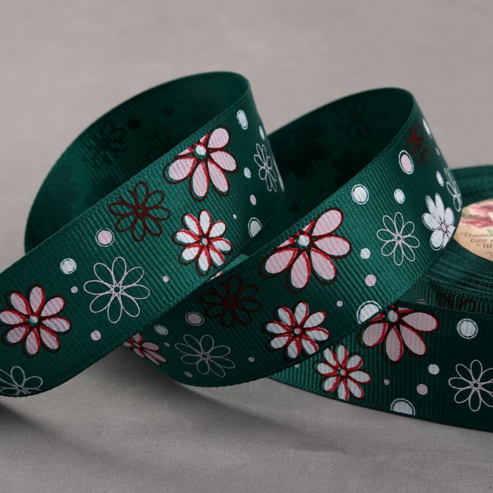 Лента репсовая "Ромашки", 25мм, 22±1м, цвет зелёный