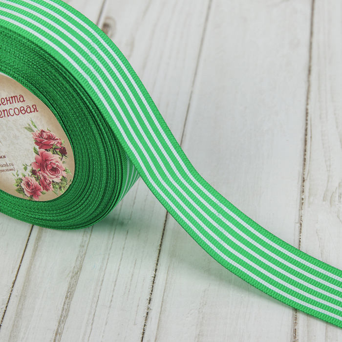 Лента репсовая "Полоски", 25мм, 22±1м, цвет зелёный
