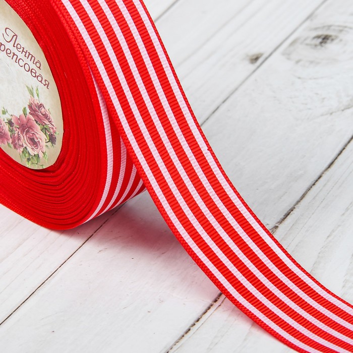 Лента репсовая "Полоски", 25мм, 22±1м, цвет красный