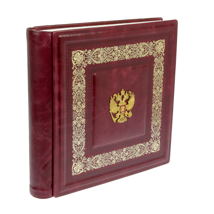 Элитный фотоабом 40 листов "Ренессанс. Герб России" кожа бордо 33,5х31,5х7,5 см