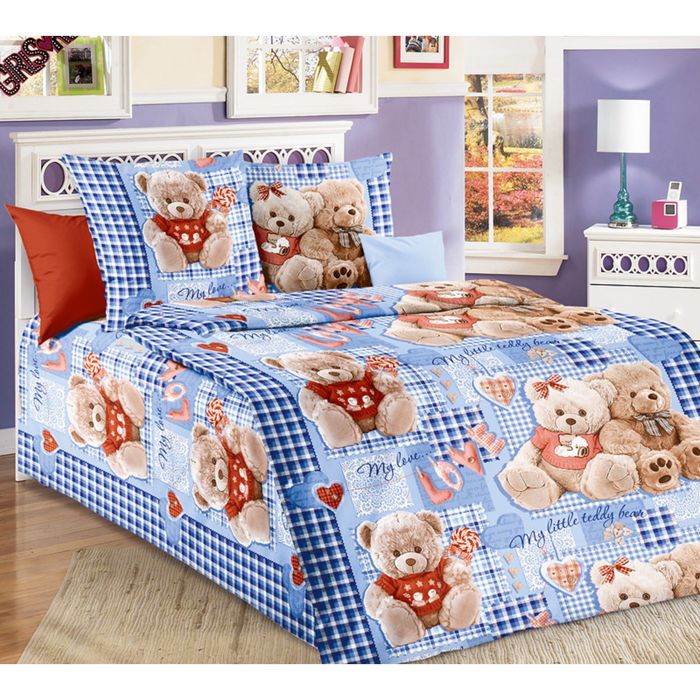 Постельное бельё Белиссимо "Плюшевые мишки" 1,5 сп., 215х143 см, 214х145 см, 70х70 - 2 шт., цвет синий, 125г/м