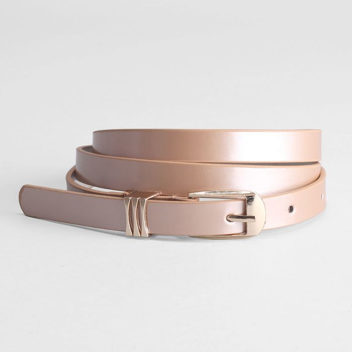 Ремень женский, гладкий лак, хомут и пряжка золото, цвет жемчужный