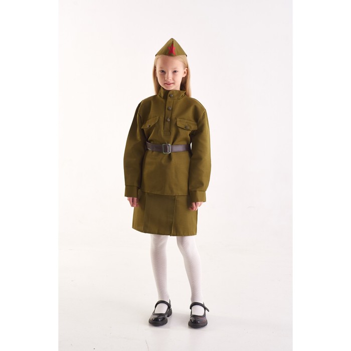фото Костюм военного «солдаточка», гимнастёрка, ремень, пилотка, юбка, 3-5 лет, рост 104-116 см бока