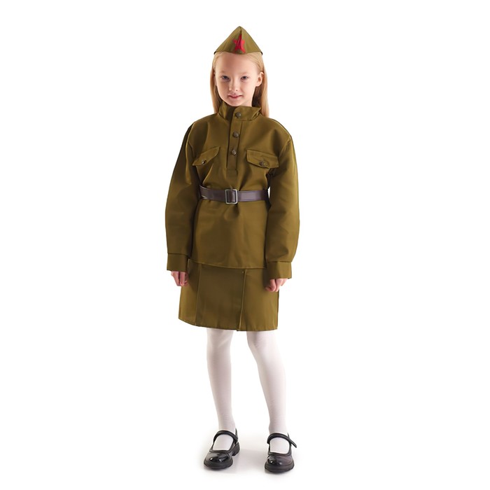фото Костюм военного «солдаточка», гимнастёрка, ремень, пилотка, юбка, 5-7 лет, рост 122-134 см бока