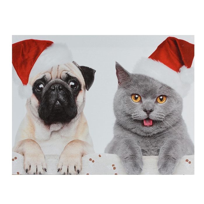 Картина на подрамнике "Мопс и кот в колпаках"