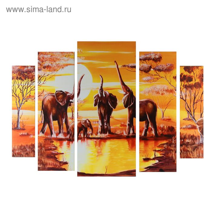 Картина модульная на подрамнике Слоны на водопое 2-14х53, 2-21х69,5 1-34х79; 80х118см