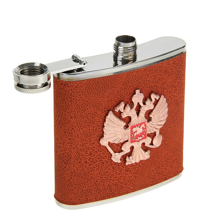 Фляжка 180 мл, эмблема Двуглавый Орёл, атомы, кожзам, коричневая, 9.5х11 см