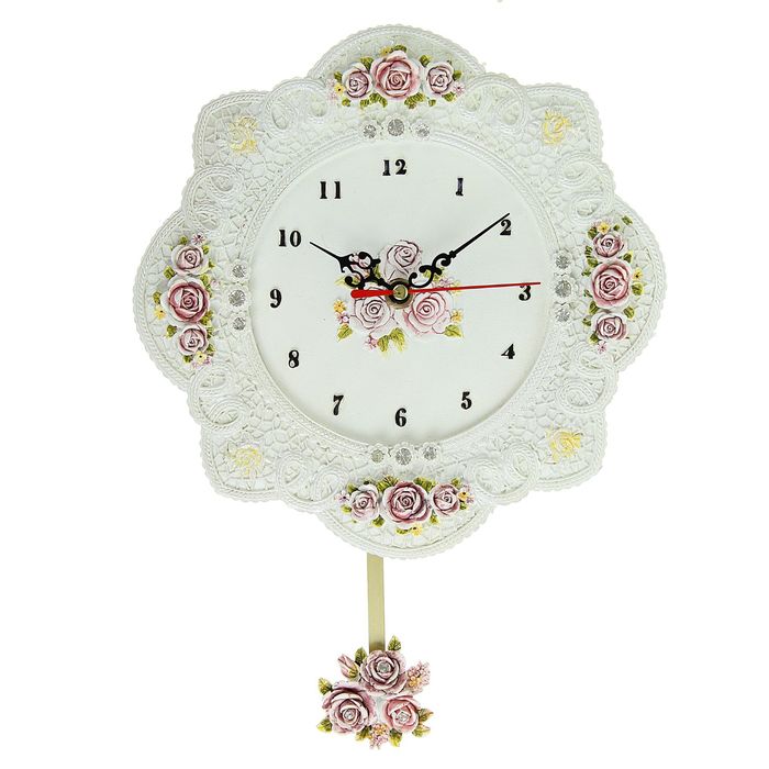 Часы настенные, серия Маятник, круглые, рама с розами и диадемами, кружево, белые, d=22 см