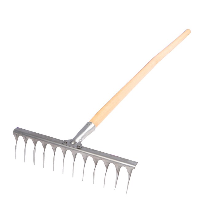 Грабли прямые, повёрнутый зубец, 12 зубцов, нержавейка, деревянный черенок