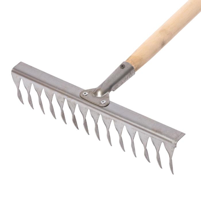 Грабли прямые, повёрнутый зубец, 14 зубцов, нержавейка, деревянный черенок