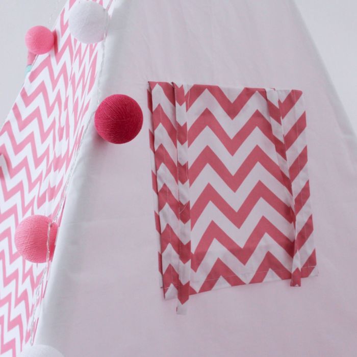 Вигвам для детей с окном, карманом и флажками, розовый зигзаг, 110x110x160 см