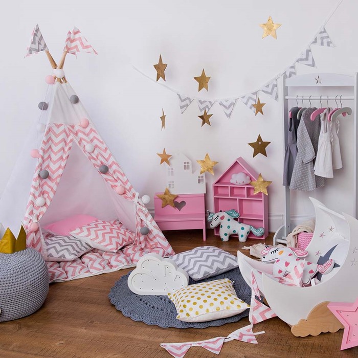 Вигвам для детей с окном, карманом и флажками, розовый зигзаг, 110x110x160 см