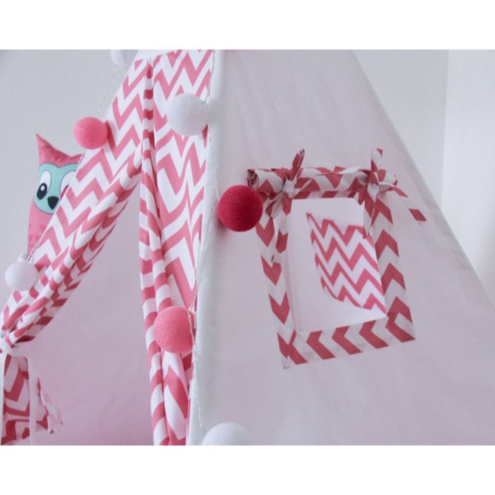 Вигвам для детей с окном, карманом и флажками, розовый зигзаг, 110x110x160 см