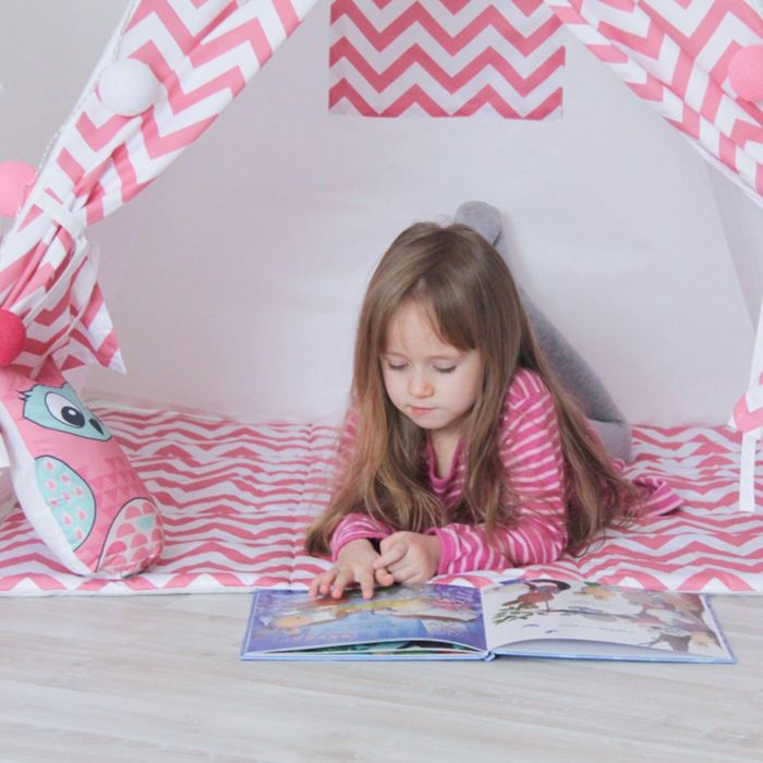 Вигвам для детей с окном, карманом и флажками, розовый зигзаг, 110x110x160 см