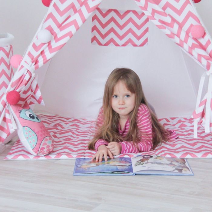 Вигвам для детей с окном, карманом и флажками, розовый зигзаг, 110x110x160 см