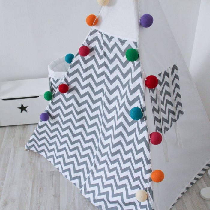 Вигвам для детей с окном, карманом и флажками, серый зигзаг, 110x110x160 см