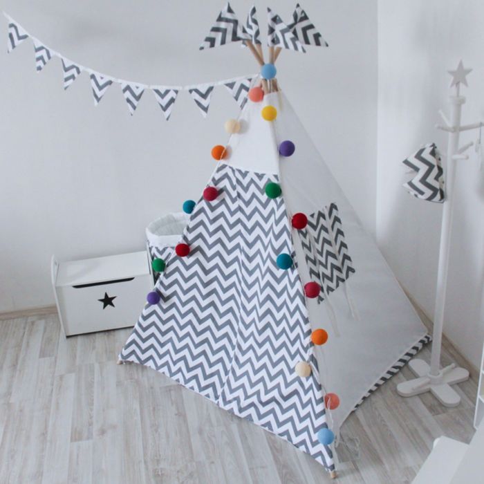Вигвам для детей с окном, карманом и флажками, серый зигзаг, 110x110x160 см