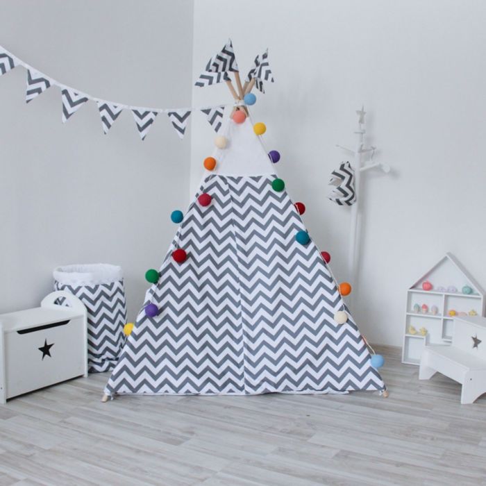 Вигвам для детей с окном, карманом и флажками, серый зигзаг, 110x110x160 см