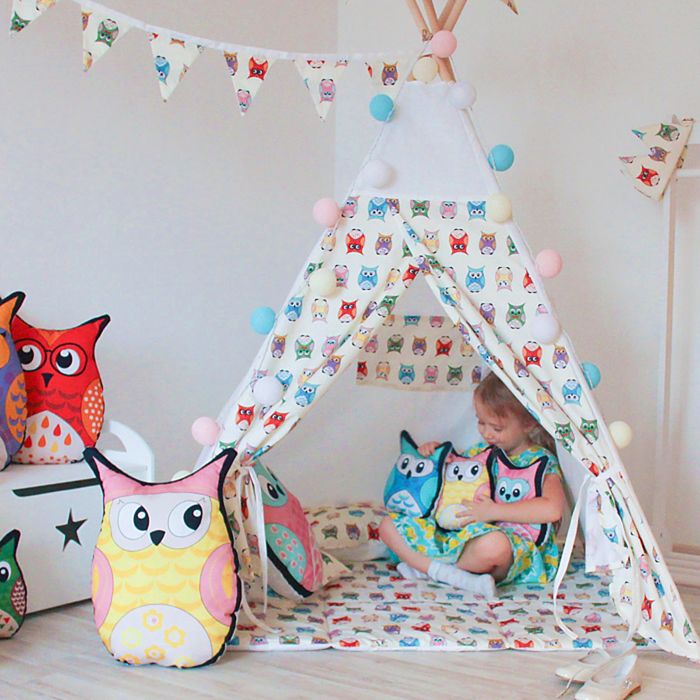 Вигвам для детей с окном, карманом, забавные совы, 110x110x160 см